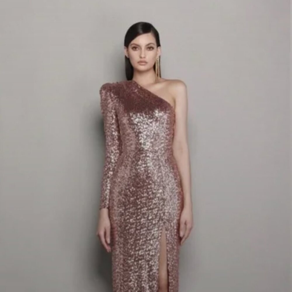 Bronx and Banco Galaxy Rose Gold Sequin One-Shoulder Gown – US 4 NWT